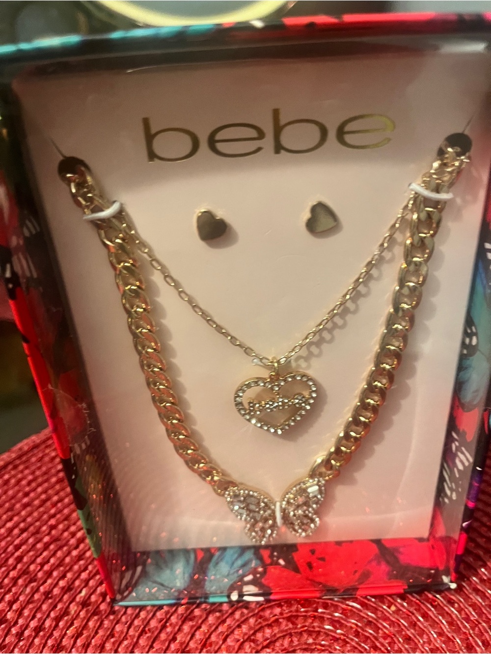 bebe Gold Butterfly & Heart Layered Necklace Set